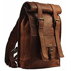 Men's Leather Vintage Roll On Laptop Backpack Rucksack One Size Brown