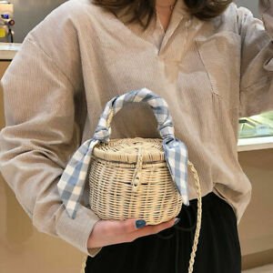 Rattan straw bag portable plaid cloth storage practical travel