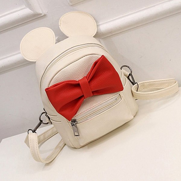 Leather backpack cute mouse ears butterfly knot women shoulder bag outdoor travel white