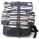 Blue and white stripes and a black canvas backpack