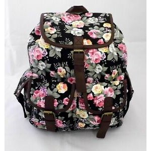 Floral black rucksack schoolbag travel bag