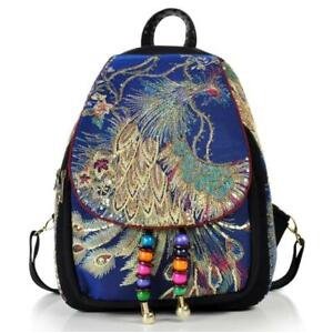 Blue Peacock Embroidered Female Backpack Holiday Backpack School Backpack