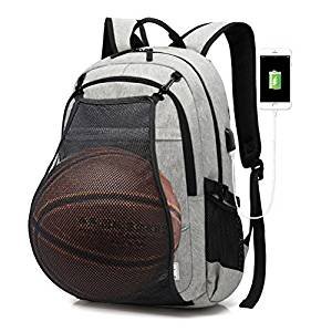 Business Laptop Backpack with Basketball Net USB Charging Port, Men/Women College School Rucksack Sport Bag for Soccer, Football