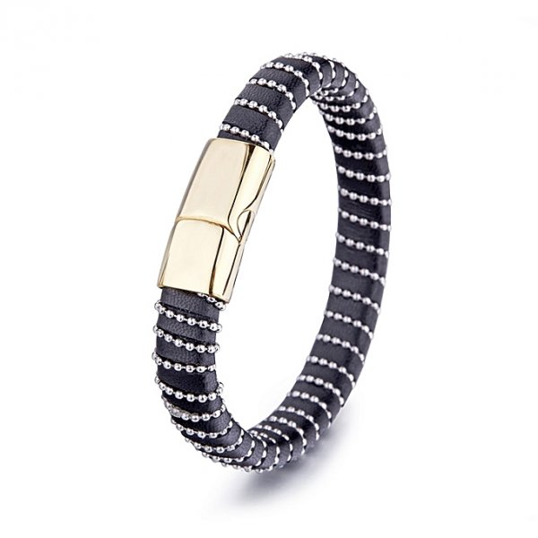 Mens Fashion Jewelry Punk Retro Beaded Detail Wristband Leather Bracelet