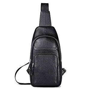 Leather backpack leather shoulder bag Messenger bag chest bag fashion casual bag (black)